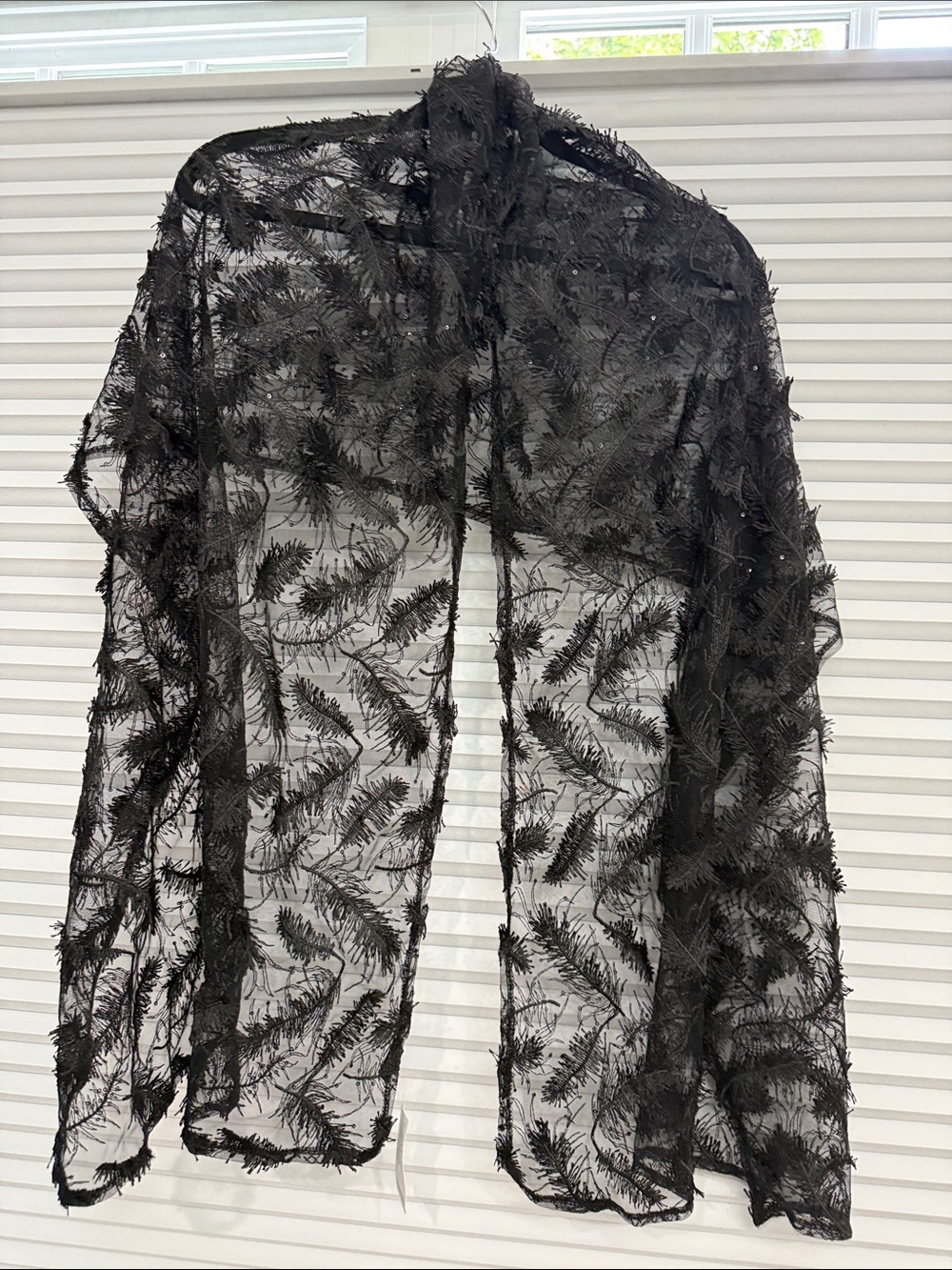 Women’s Sheer Black Embroidered Fringe Shawl - NWT